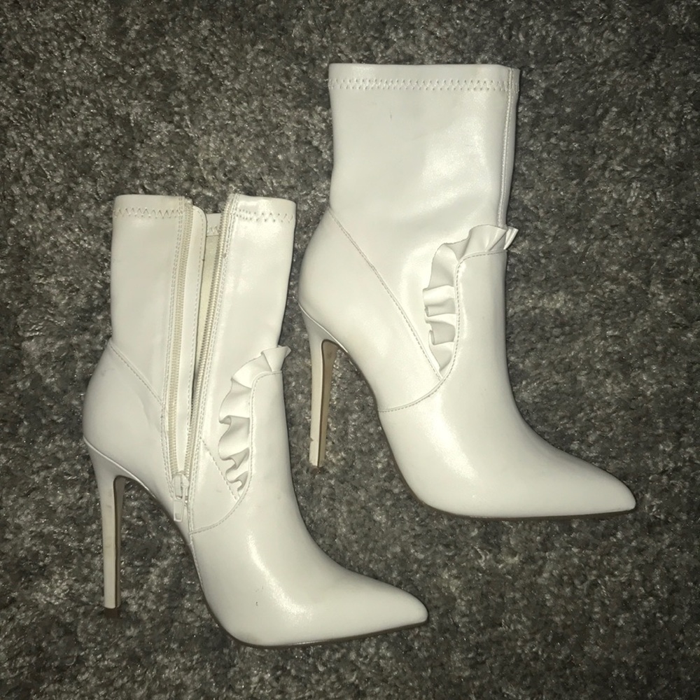 White ruffle ankle boots